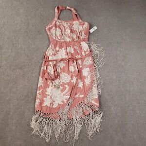 Anthropologie Dress Womens 8 Pink Rose Halter Embroidered Floral Fringe Hem Belt
